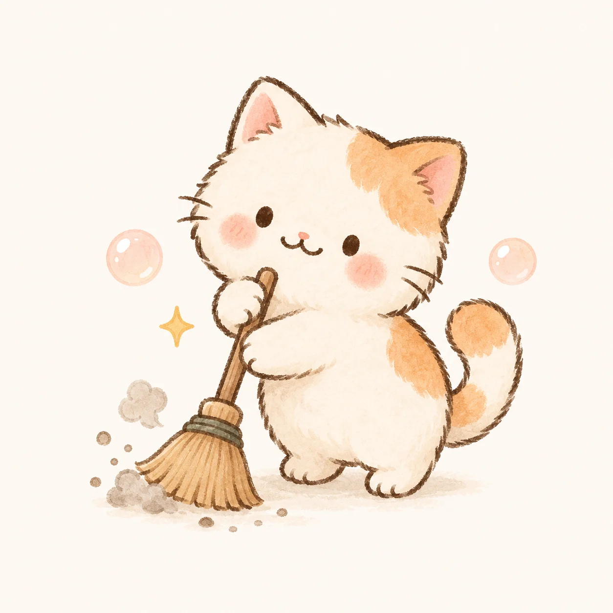Illustration of Pawly, a cream and orange cat sweeping with a little broom